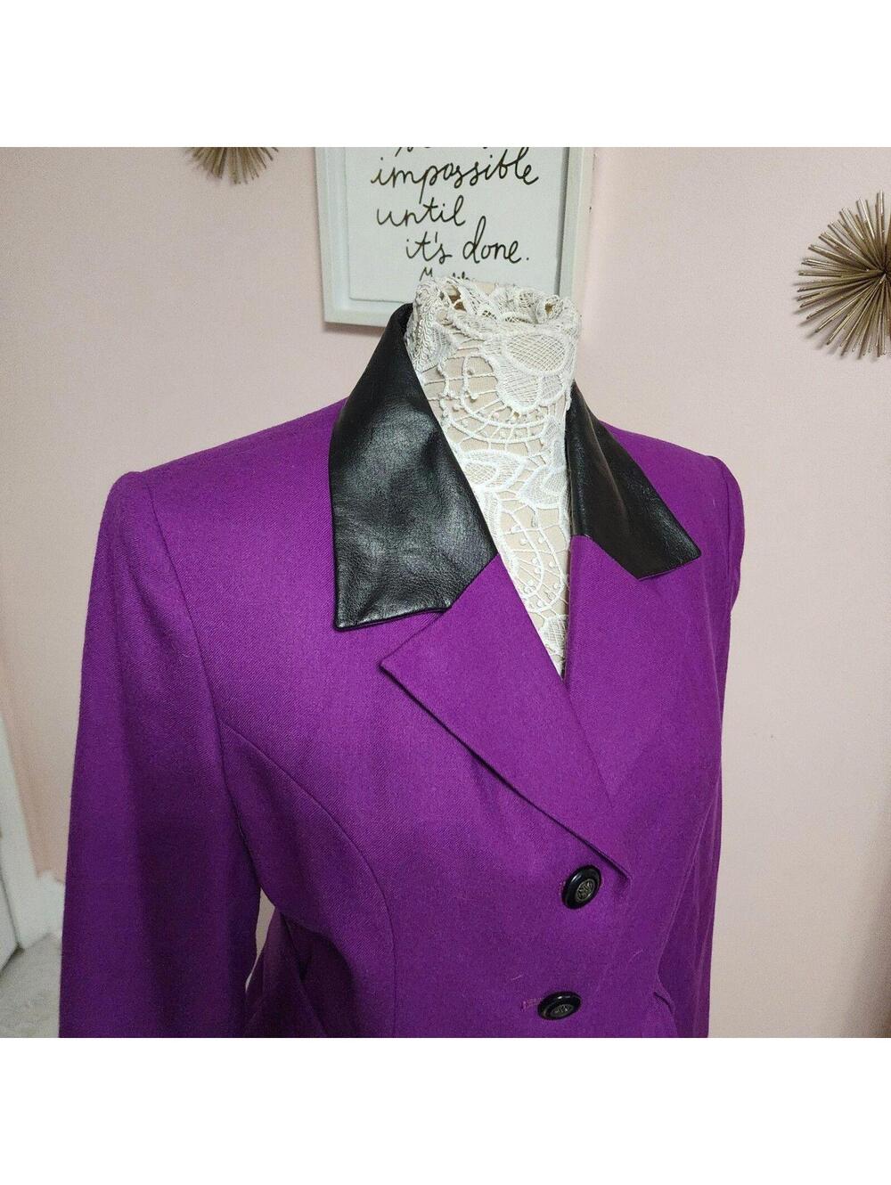 Vintage Gantos Purple Wool Belted Jacket Size 12 Faux Leather Collar Read - Picture 9 of 9